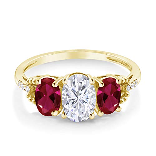 Gem Stone King 10K Yellow Gold Red Created Ruby White Moissanite and Diamond Accent 3 Stone Engagement Ring For Women (1.92 Cttw, Available In Size 5, 6, 7, 8, 9)3