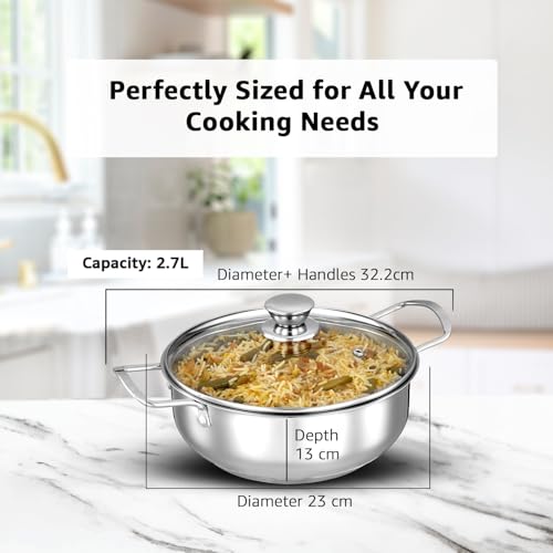 Image of Amazon Brand Solimo - Stainless Steel Induction Bottom Kadhai with Glass Lid 22 Cm