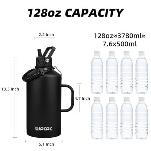 BJPKPK 1 Gallon Water Bottle Insulated with Straw Lid, 50oz, 64oz, 87oz, 128oz Large, Stainless Steel Water Bottles with 3 Lids and Paracord Strap, Double Wall Vacuum Metal Water Jug,Black by BJPKPK - Image 5