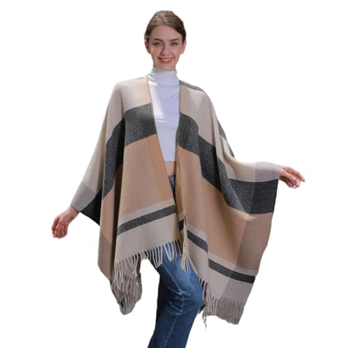 GIBZ Poncho Cape Shawl for Women Contrast Striped Tassels Shawls Wrap Open Front Winter Warm Sweater Ponchos2