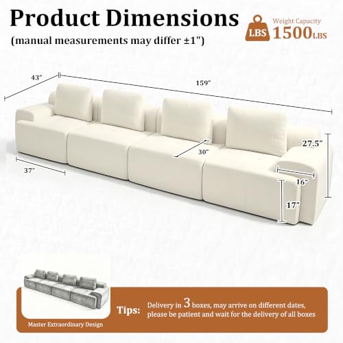 Image of 159 inch Oversized Boneless Couch, Comfort Cloud Sectional Couches for Living Room, Modular Sofa High Back & Extra Deep Seat, No Assembly, Soft Chenille Fabric (Warm White, 159 inch-(4+0))