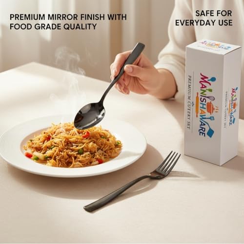 Image of Classic Black 4 Pcs Stainless Steel Cutlery Set for Dining Table, Dishwasher Safe Glossy Flatware (Perfect Spoon Fork Set)