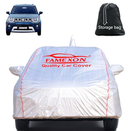Image of Full Body Car Cover for Maruti Suzuki Ignis with Mirror and Antena Pocket Triple Stiched(Silver with Red Piping)