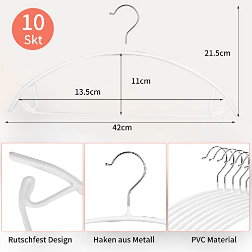 10 Stück Kleiderbügel,42cm Metall Kleiderbügel,Rutschfester Gummierung Kleiderbügel ohne Schulterbeulen,Edelstahl Kleiderbügel,Hochwertige Anzugbügel mit Hosensteg für Pullover Hemden Jacke (Weiß)