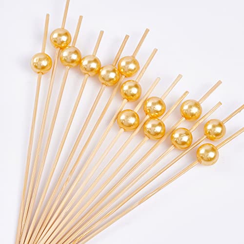 Putwo Cocktail Picks Handmade Bamboo Appetizer Toothpicks 100 Counts 4.7” Yellow Pearls #TOP4
