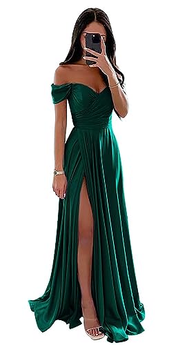 Damen Off Shoulder Satin Brautjungfernkleider Lang Split Elegant Formal Kleid Abendkleider A Linie Hochzeit Party Kleid