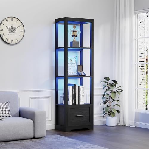 Display Shelf with 3 Color Light, Bookshelf with Drawer, Dimmable Display Cabinet for Collectibles, Bookcase, Display Case for Books, Trophies, Toys, Black