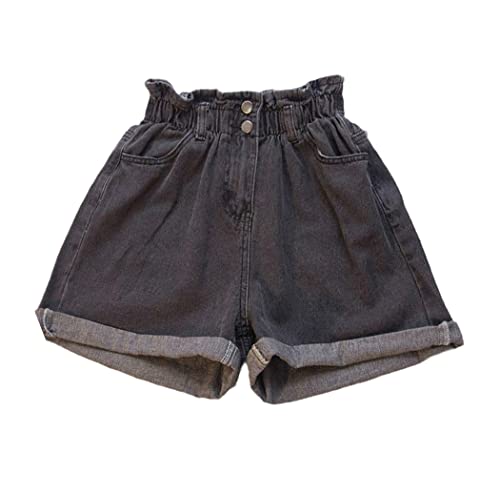 Short en jean femme grande taille noir extensible denim léger style harem plissé à volants