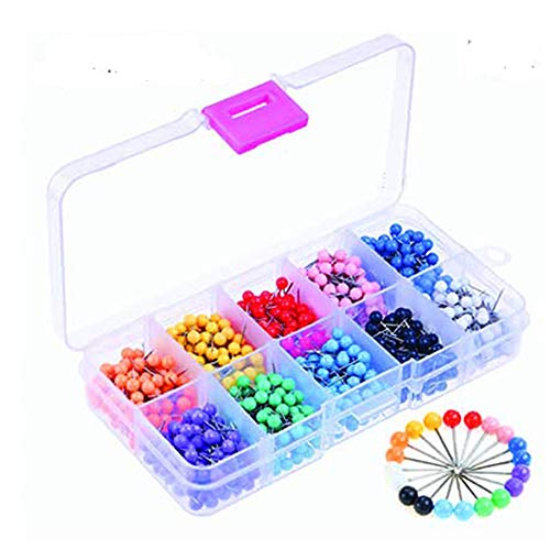 500 Pieces Multi-Color Push Pins Map Tacks,1/8 inch Round Head with Stainless Point,10 Assorted Colors in reconfigurable Container for Bulletin Board, Fabric Marking, map pins.
