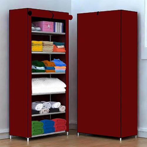 Image of YouCopia Collapsible Wardrobe 6 Shelves Storage Clothes Storage Rack Quick Wardrobe /Cabinet /Multipurpose Storage Rack, Foldable, Collapsible Fabric Organizer Plastic (Maroon, 6-Layer)