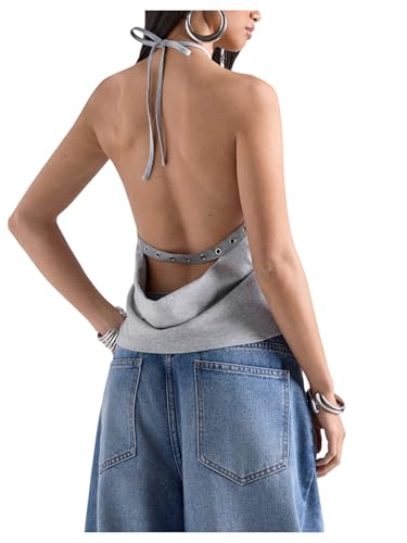 MakeMeChic Women's Open Back Halter Tops Going Out Sexy Backless Tops Clubwear