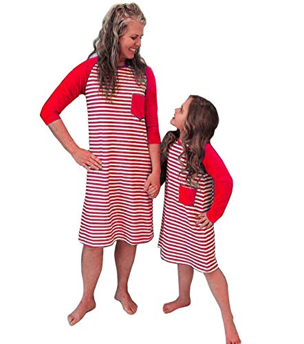 Christmas Dress Casual Mommy and Me Matching Outfits Striped Pajamas Family Matching Nightgown & Sleepshirts Nightdress (Red Mom, Women XL)