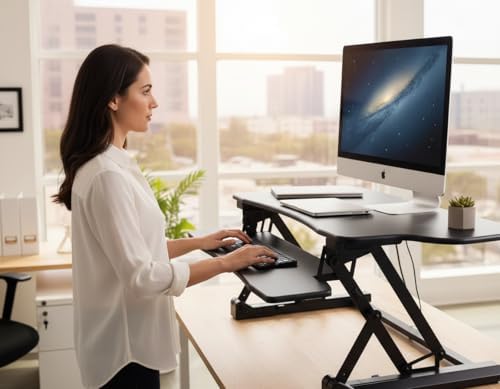 Mount-It! 48.5" Electric Standing Desk Converter for Dual Monitors, Motorized Sit Stand Electric Desk Riser with USB Port & Device Slot, Keyboard Tray, Adjustable Height Ergonomic Workstation, Black - Thumbnail 2