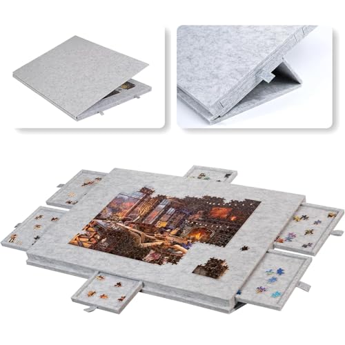 Delehehe Puzzle BoardPortable Jigsaw Puzzle Table for Up to 1000 Pieceswith 2-in-1 Designed Stand & Cover Super Lightweight Felt Plateau Storage with 6 Drawers for Adults & Kids (Light Gray)