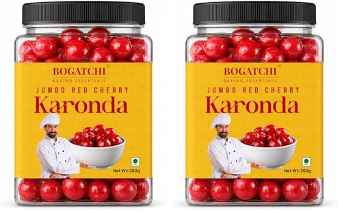 Image of BOGATCHI Jumbo Red Cherry Karonda for Cake Decoration, Ice Creams, Shakes & Desserts | Big Juicy Cherry Toppings for Baking, Garnishing & Sweets | Delicious, Tasty & Ready to Use | 200g (Pack of 2)