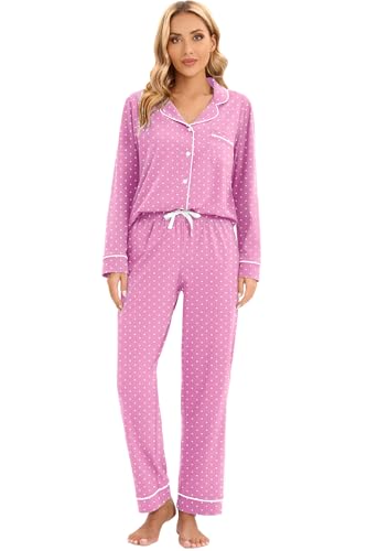 Image of LUBOT 100% Cotton Pajamas for Women Pajama Set Soft 2 Piece Sleepwear PJ Set Long Sleeve Knit Button Cozy Loungewear XS-XXL