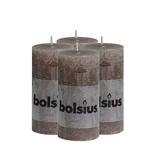 BOLSIUS Rustic Taupe Unscented Pillar Candles - 2" X 4" Decoration Candles Set of 4 - Clean Burning Dripless Dinner Candles for Wedding & Home Decor Party Restaurant Spa- Aprox (100X50m)