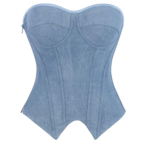 Light Blue Denim Corset Top Strapless Bustier Lace Up Party Clubwear XL