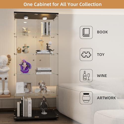 Image of Beauty4U Glass Display Cabinet with LED, 5-Shelf Black Curio Cabinet