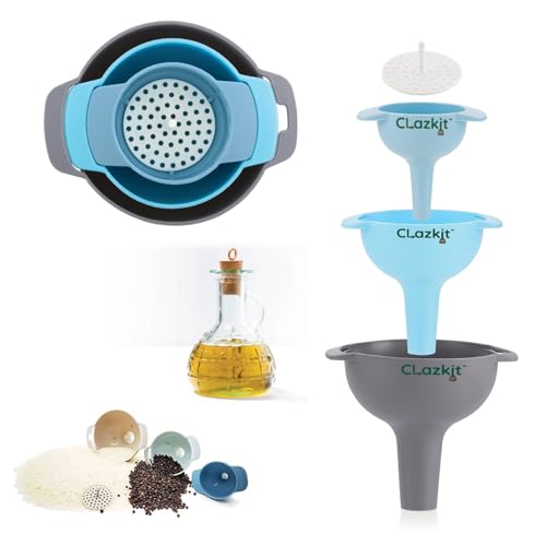 Clazkit® 3-Piece Kitchen Funnel Set - Nested Funnels with Handle, Wide Mouth Food Grade Plastic, Detachable Strainer Filter for Liquids, Dry Ingredien