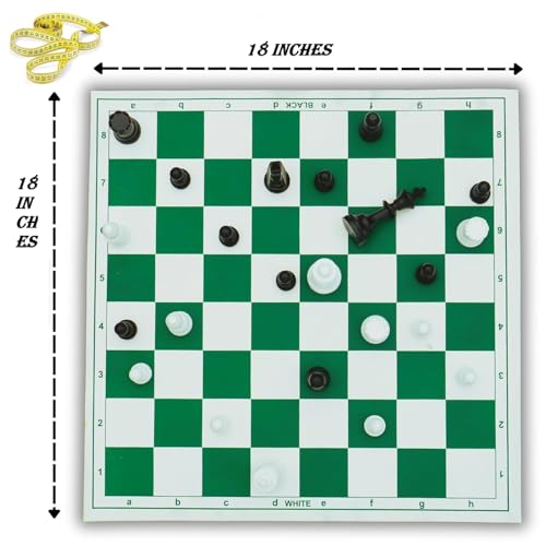 Image of Professional Tournament Chess Set 18 x 18 Inch Vinyl Foldable Chess Board | Weighted Plastic Pieces with 2 Extra Queens with Carry Bag | Travel Friendly Chess Game - Green