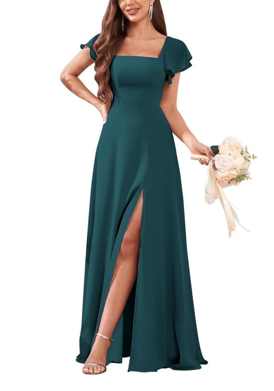 EdekElls Women's Chiffon Long Bridesmaid Dresses for Wedding 2024 Square Neck A-Line Formal Evening Gowns with Slit EDE016