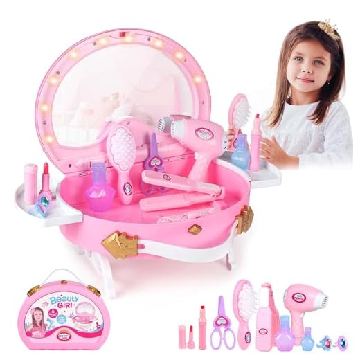 BETTINA Toddler Vanity - Portable Kids Vanity Set with Mirror & Makeup Accessories, Lights and Music, Makeup Kits Princess Toys for Girls Aged 3+