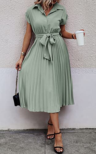 Image of ECOWISH Womens Casual Midi Dresses Solid V Neck Short Sleeve Button Shirt Belted Dress with Pockets for Spring Summer 2026