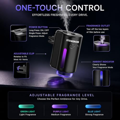 Image of Car Air Freshener - Smart Adjustable 3-Speed Intensity, Rechargeable Humidifier Car Essential Oil Diffuser - Comes with 8 Bottles of 10ml Perfume (Black)