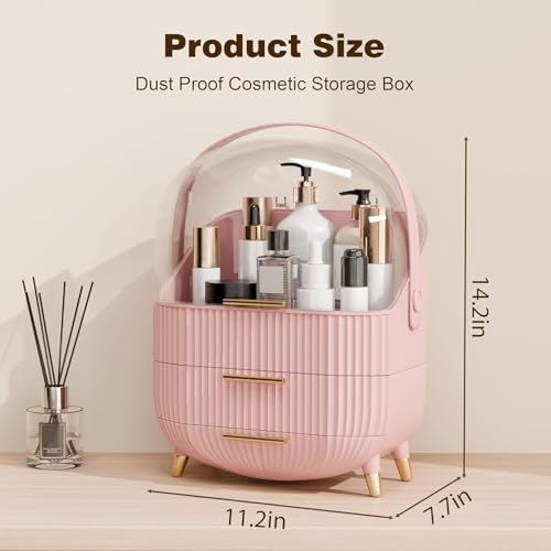 Image of JIALTO Storage Box, Organiser for Makeup & Skincare, Large Makeup Organizer with Dustproof Cover & Drawers, Cosmetic Storage for Dressing Table, Bathroom Vanity Organizer for Lipsticks Perfumes (Pink)