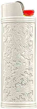 Lucklybestseller Metal Lighter Case Cover Holder Vintage Floral Stamped for BIC Full Size Lighter J6 (White Gold)