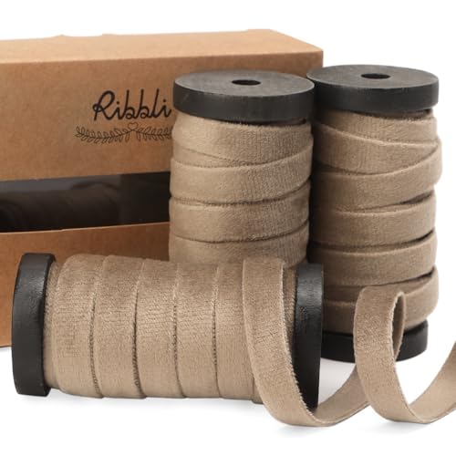 Ribbli Camel Brown Velvet Ribbon 3 Rolls Double Faced 3/8 Inch 18-Yard with Wooden Spool Use for Christmas Tree Ornaments Gift Wrapping Wreath Decoration Wedding Boutonnieres