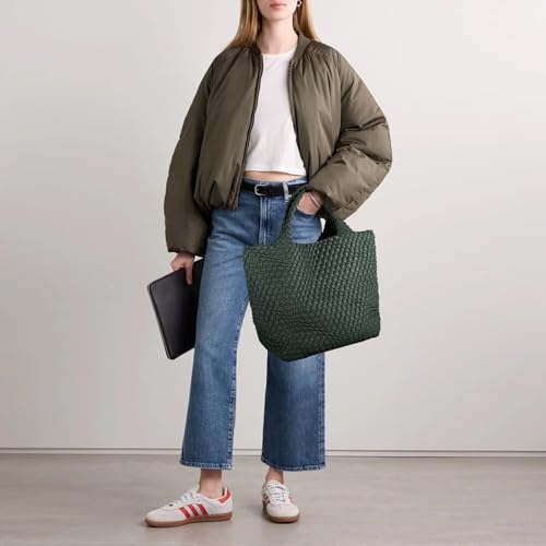 Image of Women's Vegan Leather Tote Bag - Handmade Woven Beach Bag, Travel Handbag with Purse & Top Handle Hobo Tote(Dark Green)