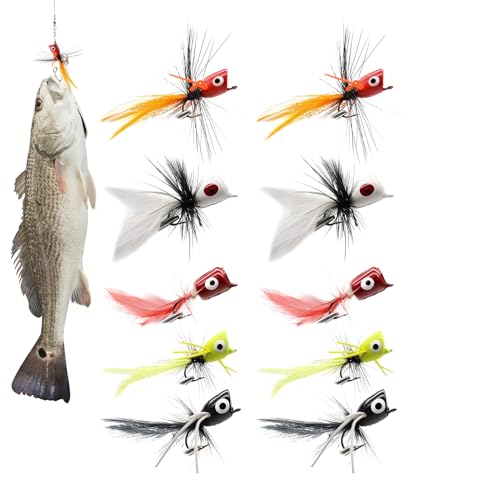 Moscas Poppers para Pesca con Mosca | 10 Piezas Anzuelos con Púas Poppers para Peces Pan Cebos | Cebos Secos Húmedos Anzuelos Pequeños para Pesca en Lagos Embalses Ríos Agua Dulce Salada Trucha