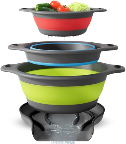 GEVOLI Passoire de cuisine pliable en silicone avec base d'évacuation d'eau - Passoire pliable pour évier - Pour égoutter les pâtes, les légumes et les fruits, rouge/bleu/vert (3, 4 et 5 l) – vue 2