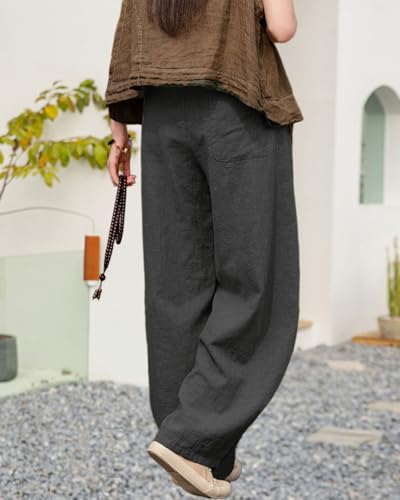IXIMO Women's Linen Harem Pants Vintage Wide Leg Lantern Front Raw Frayed Patchwork Baggy Boho Lounge Trousers4