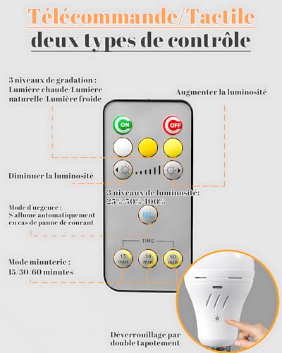 Ampoule rechargeable USB-C 7W E27 avec télécommande pour secours - 5