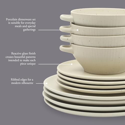 Image of Gibson Elite Clover Hill 12-Piece Stoneware Dinnerware Set - White Cream Embossed Plates and Bowls with Matte Speckled Reactive Glaze, Service for 4 - Microwave & Dishwasher Safe