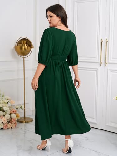 Image of SCOMCHIC Women Plus Size Dresses V Neck 3 /4 Sleeve Smocked High Waist Summer Flowy A Line Maxi Dress