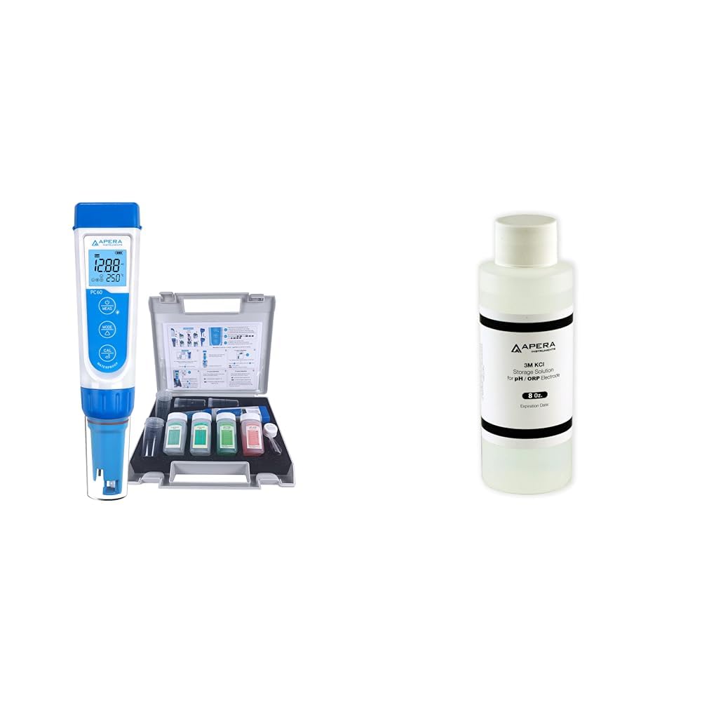 Apera Instruments PC60 Testeur de poche multi-paramètres pH/EC/TDS/salinité avec sonde remplaçable, étanche, ± 0,01 pH/1% de précision & Solution de stockage 3M KCl (250 ml)