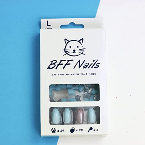 Image of Cat Nail Caps for Cats with Matching Acrylic Press-On Nails for Humans (Large, Light Blue with Silver Accent)