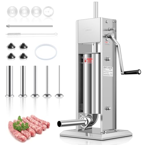 LEEVOT 11Lb/5L Sausage Stuffers，304 Stainless Steel Sausage Maker Adjustable, 2 Speeds, 5 Filling Tubes (Silver)