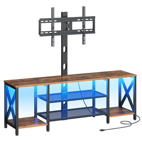 HOOBRO TV Stand with Mount and Power Outlet, LED Entertainment Center with Swivel Mount for 32/45/55/60/65/70/75 inch TVs, 3-Tier Storage Shelf for Living Room, Bedroom, Rustic Brown BF46UDDS01