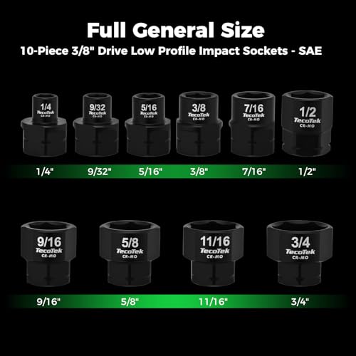 Image of TecoTek 10-Piece 3 /8-Inch Drive SAE Low Profile Impact Socket Set, Stubby Socket Set, 1 /4 inch-3 /4 inch, 6 Point, Cr-Mo, Shorter Socket for Tight Areas