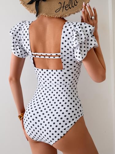 Image of Eomenie Women's Tummy Control One Piece Swimsuit Ruffle Square Neck Bathing Suit Ruched Cutout Back Slimming Swimwear