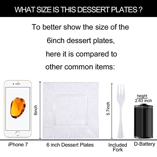 Dayammi 100 Plastic Dessert Plates 6" With 100 Plastic Forks 5.7"- Silver Glitter Disposable Square Plates Fancy Salad Plates Appetizer Plates And Silver Plastic Forks Combo Bulk Set For Wedding Party #TOP5