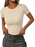Trendy Queen Womens Short Sleeve Shirts Crewneck Ribbed Knit Slim Fitted T-Shirt Summer Basic Tee 2025 Tops Beige M