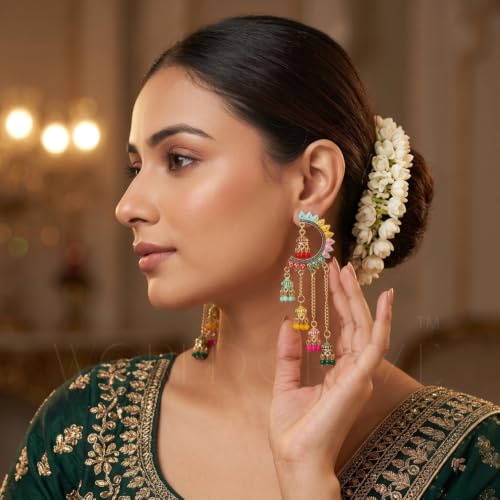 Image of WORLD CRAZE Multicolour long kashmiri jhumka for women chandbali earrings chand baliyan | kashmiri earrings for women | bahubali earrings stylish | Traditional Indian Festive Jewelry | Long Chain Tassels | Pearl Drop Latkan Jewellery (Multi colour)