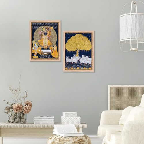 Image of kotart Premium Traditional Wall Art Set of 2 | Kamdhenu Cow Painting | MDF Wooden Framed Pooja Room & Living Room Wall Decor (Art 2, 14x20 Inch)