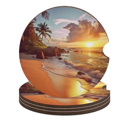 4 PCS Car Cup Holder Coasters Tropical Beach at Sunset Non-Slip Car Coasters Car Interior Accessories for Women Men